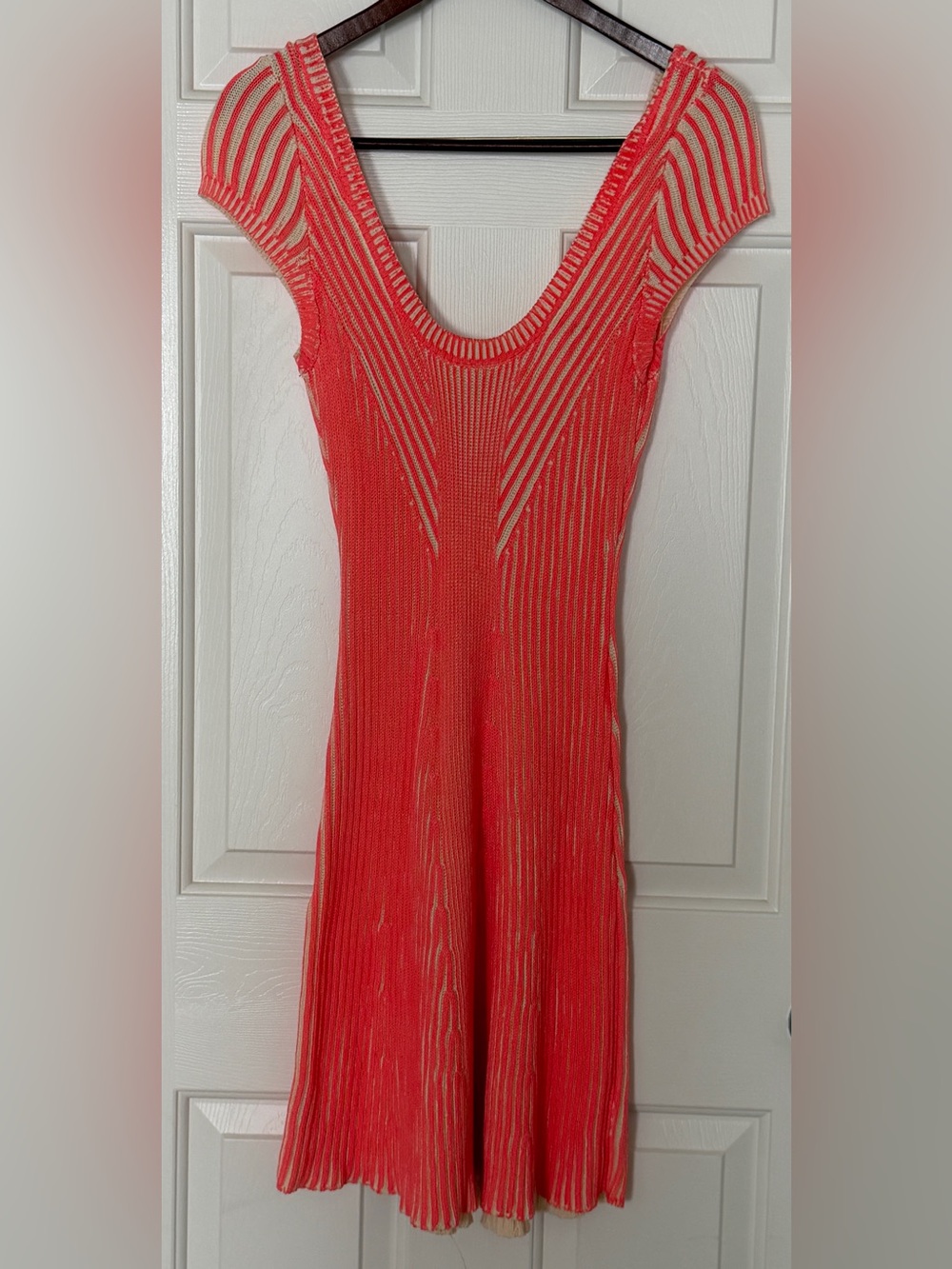 Free People Coral Cream Knit Mini Dress Scoop Neck Fit Flare Boho Small - Picture 4 of 11